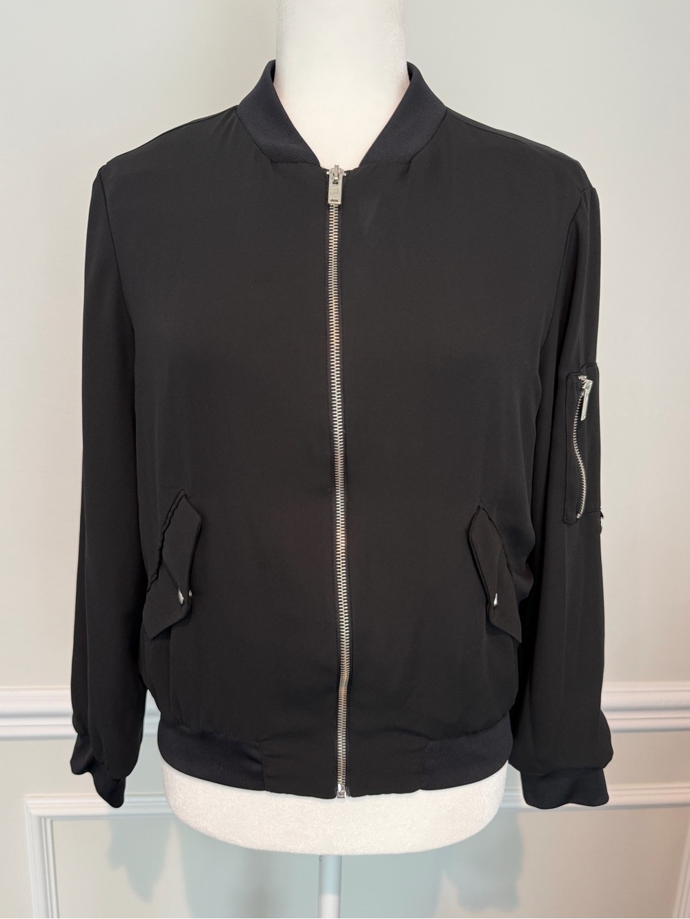 Zara Black Bomber Jacket with Zip Pocket